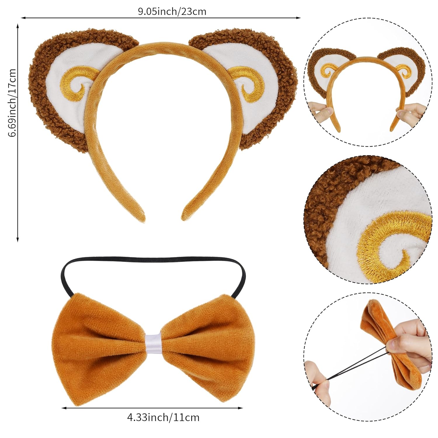 obmwang 3 Pieces Monkey Costume Set Monkey Ears Headband Bowtie and Tail Fancy Animal Cosplay Accessories for Halloween Dress Up Party - Image 2