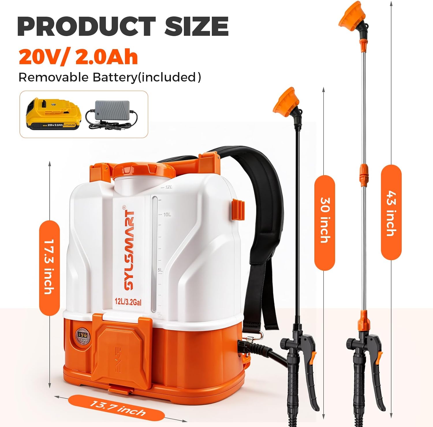 Battery Powered Backpack Sprayer 3.2 Gallon, 100 PSI Electric Backpack Sprayer, Compatible with DeWalt 20V Battery, 0.9 GPM High Flow Garden Sprayer with 2 Wands & 5 Nozzles for Lawn Yard