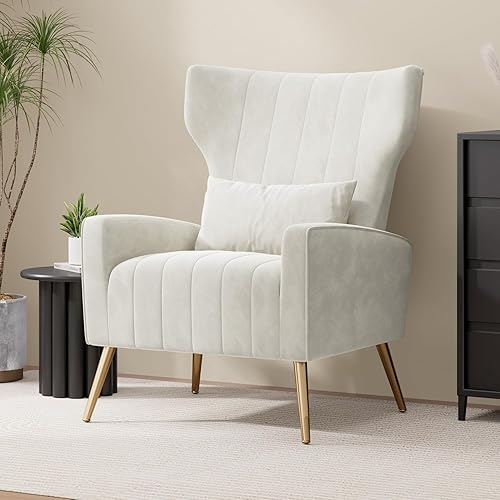Silla decorativa de terciopelo con respaldo alado para sala de estar, sillón de respaldo alto con patas doradas, almohada lumbar, sofá individual