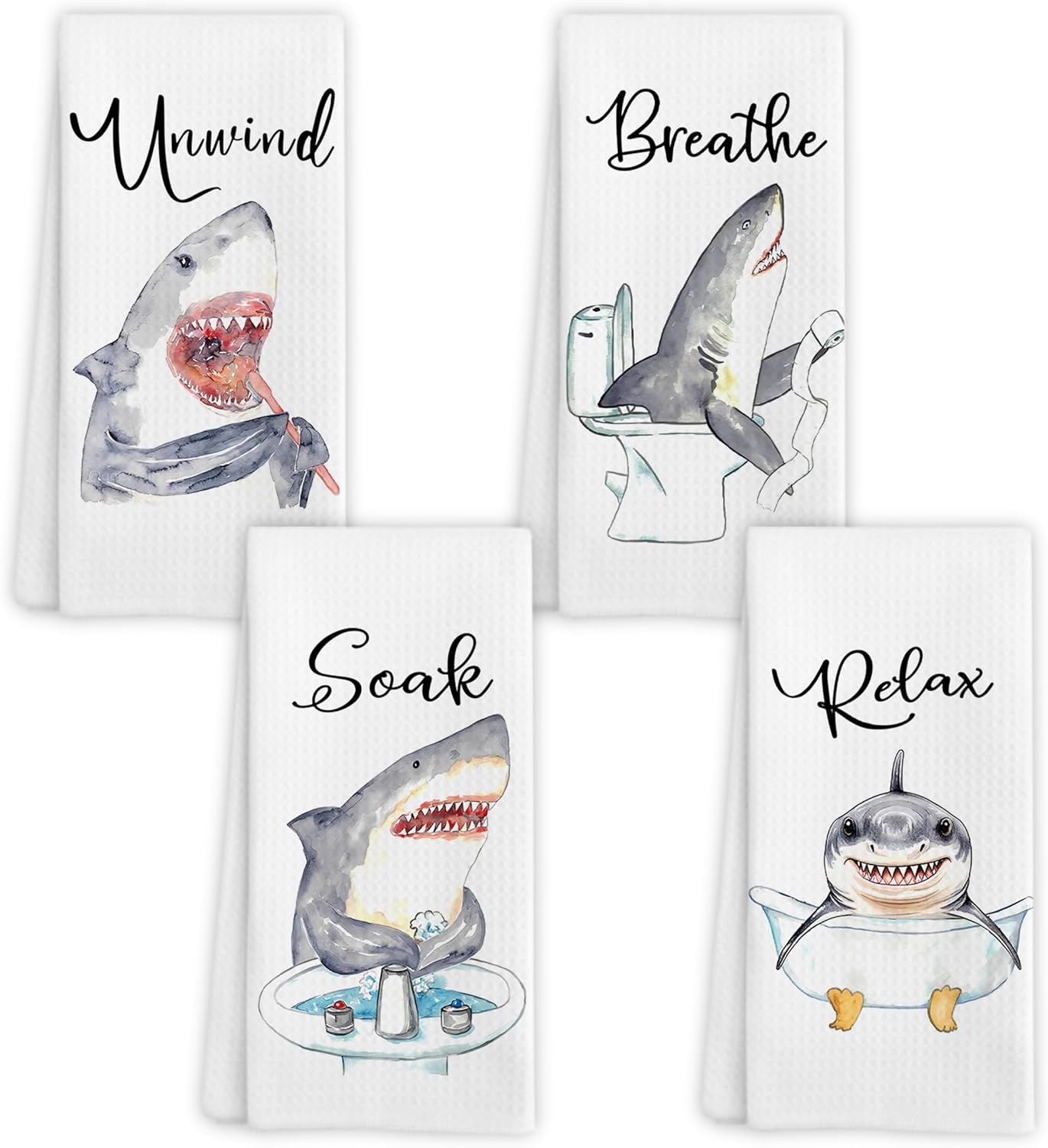 Coastal Beach Shark Hand Towels for Bathroom Set of 4, Ocean Marine Shark Relax Breathe Soak Unwind Decorative Hand Towels for Gym Yoga Spa Bathroom Decor, 16×24 Inch