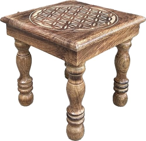 DharmaObjects Mesa de meditación de altar de altar de oración tallada a mano de madera maciza de mango (OM)