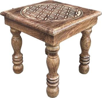 DharmaObjects Solid Mango Wood Hand Carved Puja Shrine Altar Meditation Table Flower of Life