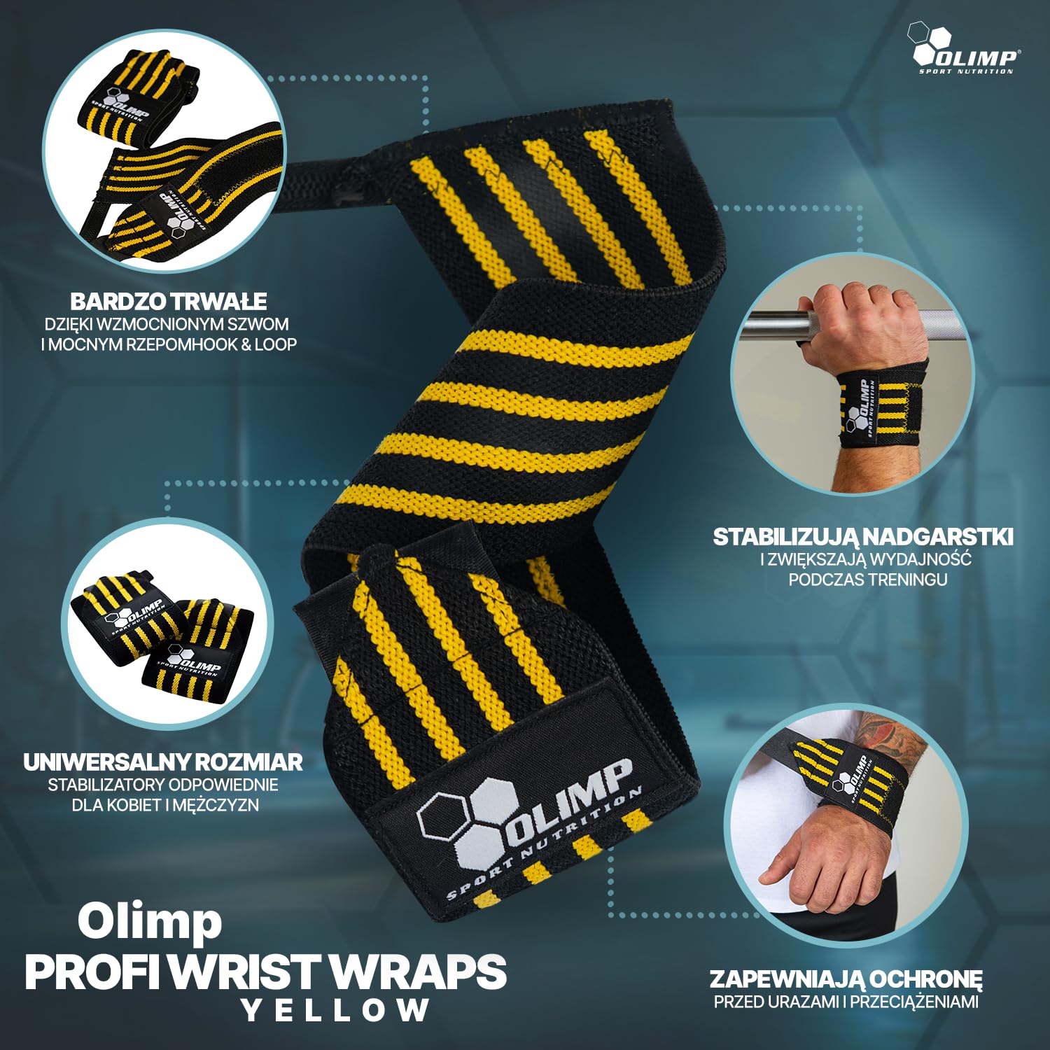 Olimp Stabilizatory nadgarstków - Wsparcie nadgarstka dla kobiet i mężczyzn - Sport Fitness Crossfit - Profi Wrist Wraps Yellow