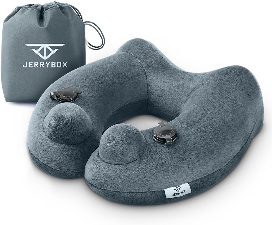 Travel Pillow of 2017, Jerrybox flight pillow 10s World Fastest Inflatable Neck Pillow with 2 Airbag for Neck Supporting (Bone shaped, Grey)