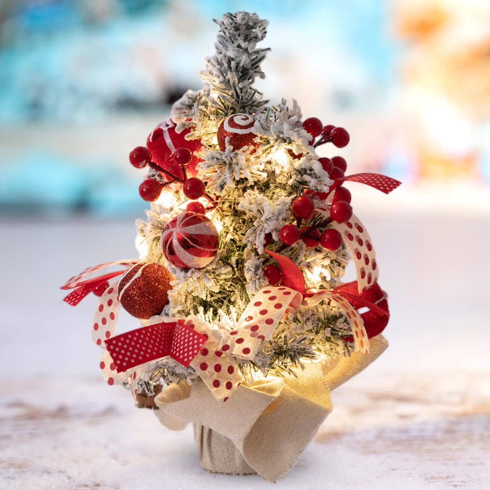 Oshhni Mini-Weihnachtsbaum mit LED-Lichtern, Tisch-Weihnachtsbaumschmuck für Zuhause, Büro, Zuhause, Küche, Esstisch-Dekoration, rot und weiß 30cm