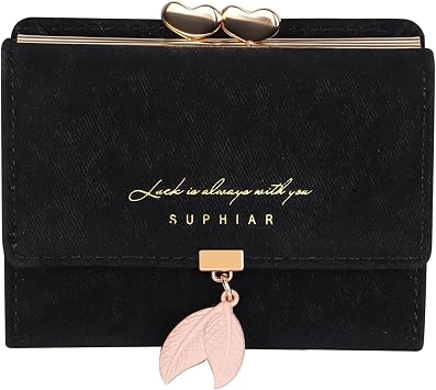 Trifold Wallet for Women RFID Blocking Compact Leather Coin Purse with Kiss-lock for girl and womens black