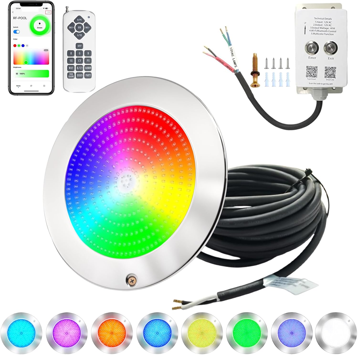 10 Inch Pool Light for Inground Pool, 12V AC LED Inground Pool Light, Wi-Fi Bluetooth APP & Controller & Remote Control Underwater Swimming Pool Lights, NOT Include Transformer, 50 Foot Cord 10 Inch 50 Foot with Controller
