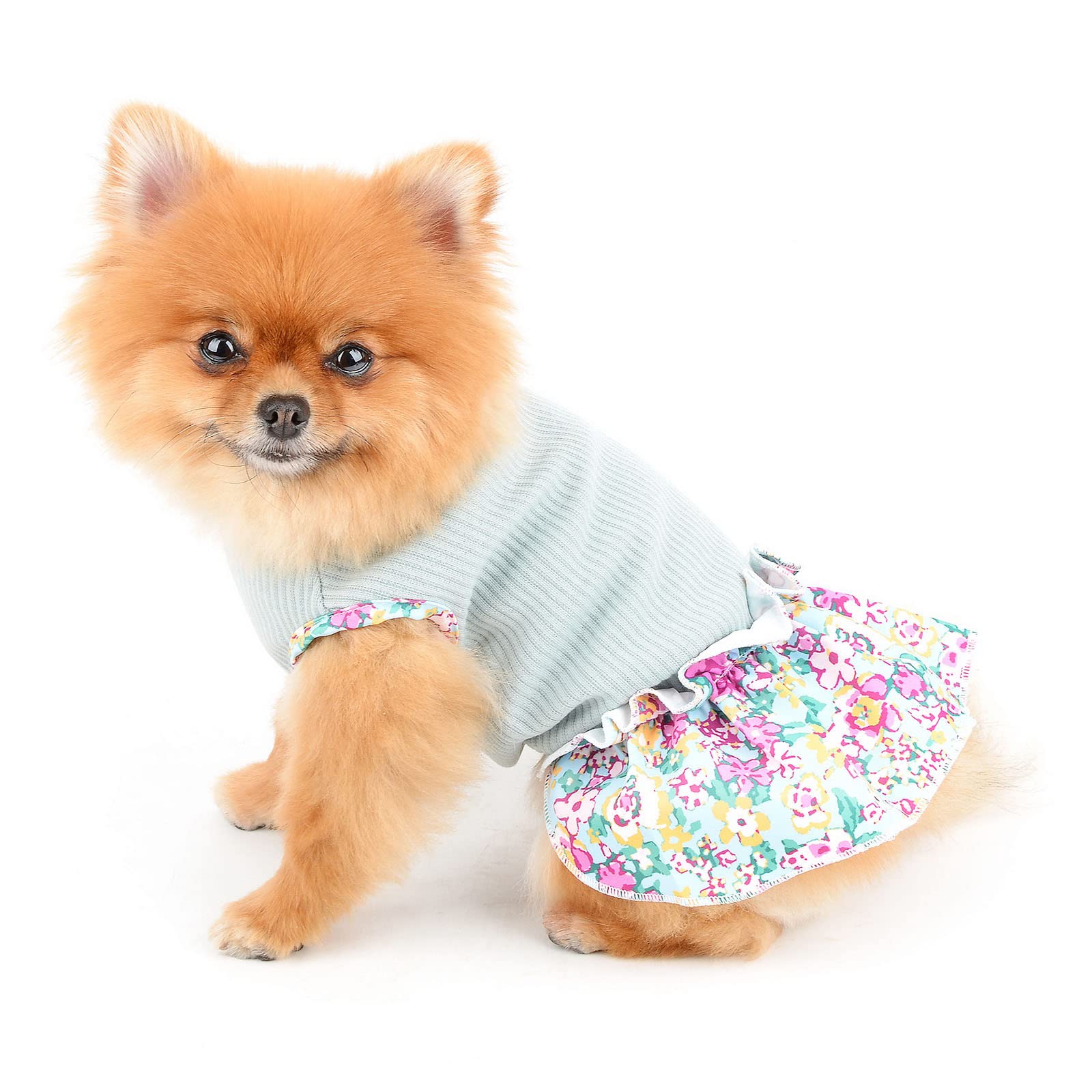 PAIDEFUL Dog Flowers Dress for Small Medium Dogs Cats Female Girls Soft Cotton Vest Tee Ruffled Skirt Breathable Tank Tops Puppy Chihuahua Yorkie Clothes T Shirts Pet Spring Summer Wearing Green M - Image 2