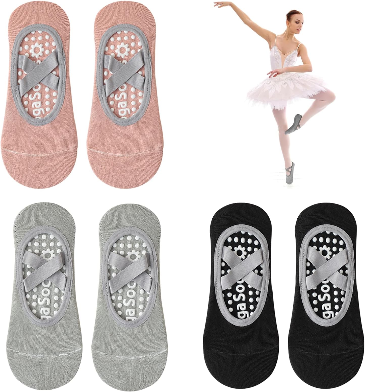 Non-Slip Yoga Socks,Pilates Socks for Women Non-Slip Grips & Straps,Ideal for Pilates,Fitness,Ideal for Pilates,Ballet,Barre,Barefoot Workout,Dance(3 Pairs)