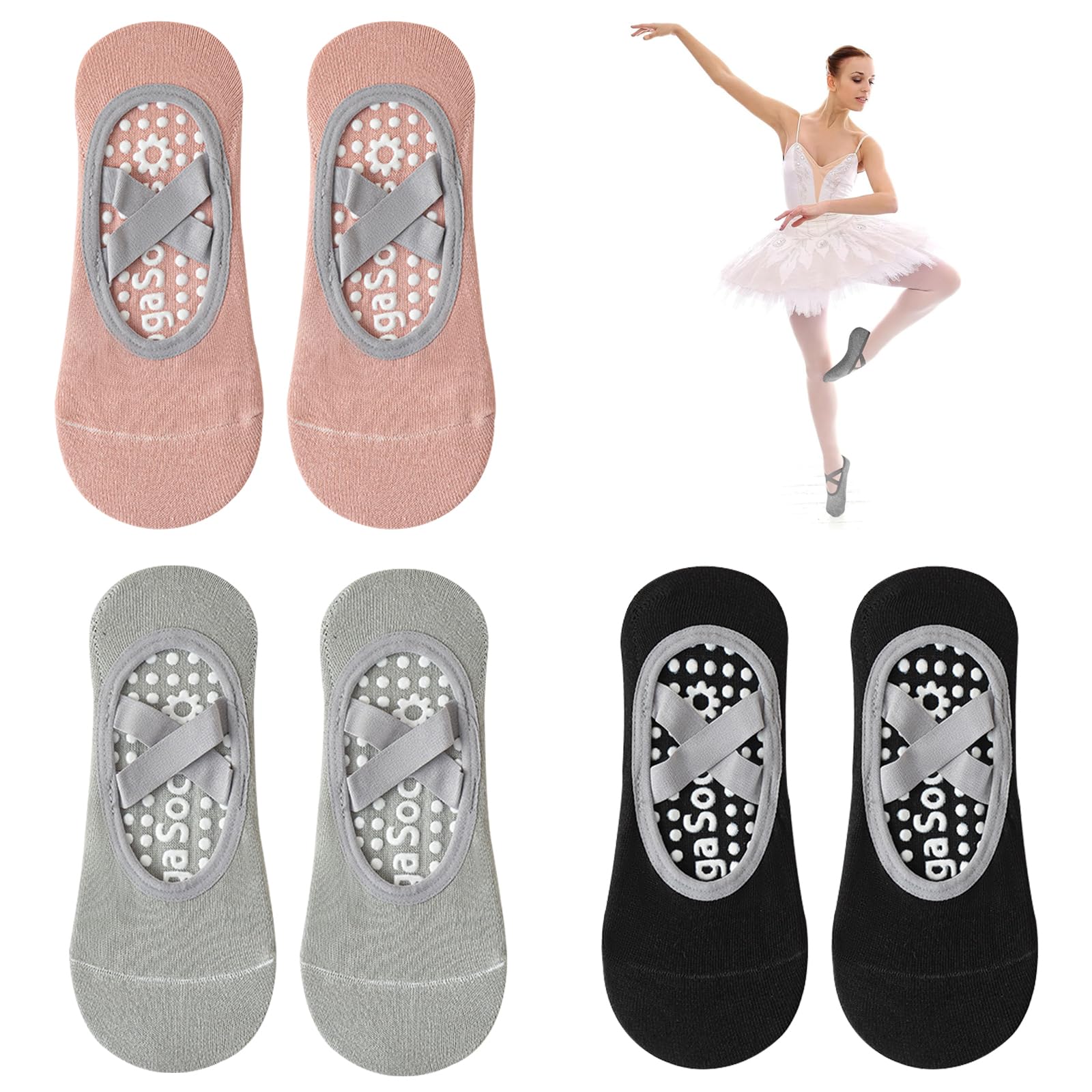 Senshuomy Non-Slip Yoga Socks,Pilates Socks for Women Non-Slip Grips & Straps,Ideal for Pilates,Fitness,Ideal for Pilates,Ballet,Barre,Barefoot Workout,Dance(3 Pairs)
