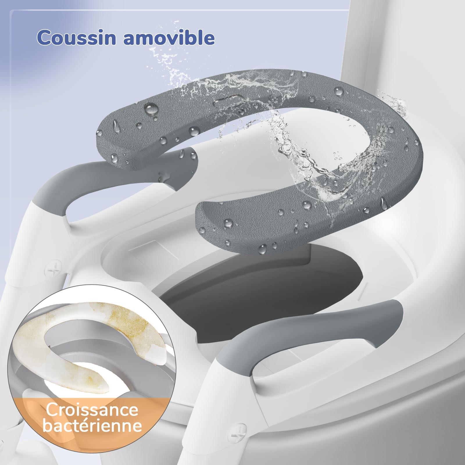 DEANIC Reducteur Toilette Enfant Rehausseur Toilette Enfant avec Marche, Réducteur Toilette Enfant avec PU Coussin Moelleux, Adaptateur Toilette Enfant, Siege Toilette Enfant de 1 à 7 ans (Gris)