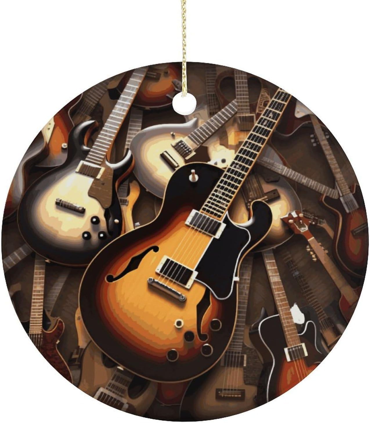 Music Guitar Christmas Ornament,Holiday Hanging Decorations Personalized Christmas Tree Ornament Round Ceramic Ornaments -Car Hanging Accessories