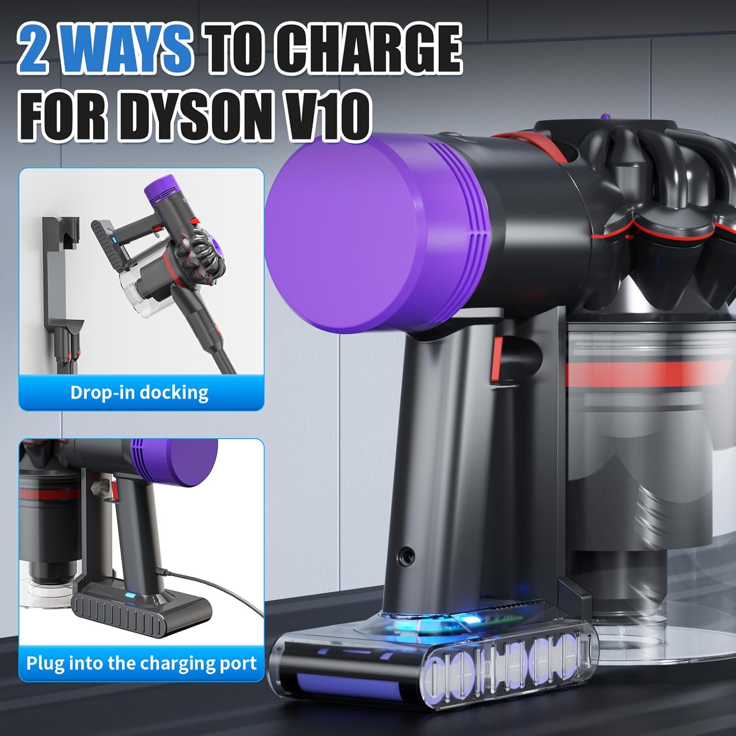Two ways to charge a Dyson V8 vacuum with the replacement battery: via drop-in docking station and by plugging the charger directly into the battery port.
