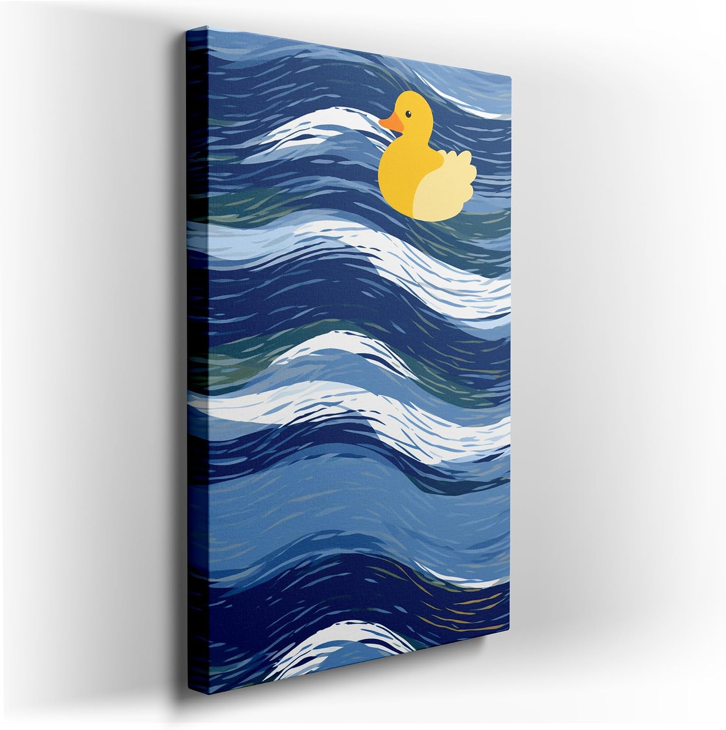 Art Wall: Joyful Yellow Duck Glides on Serene Blue Waters, a Whimsical Escape. Interior Decor, Canvas Art Design, Art Apartment Decoration, Office Arts Design. Size: 69x46 cm (27x18 inch)
