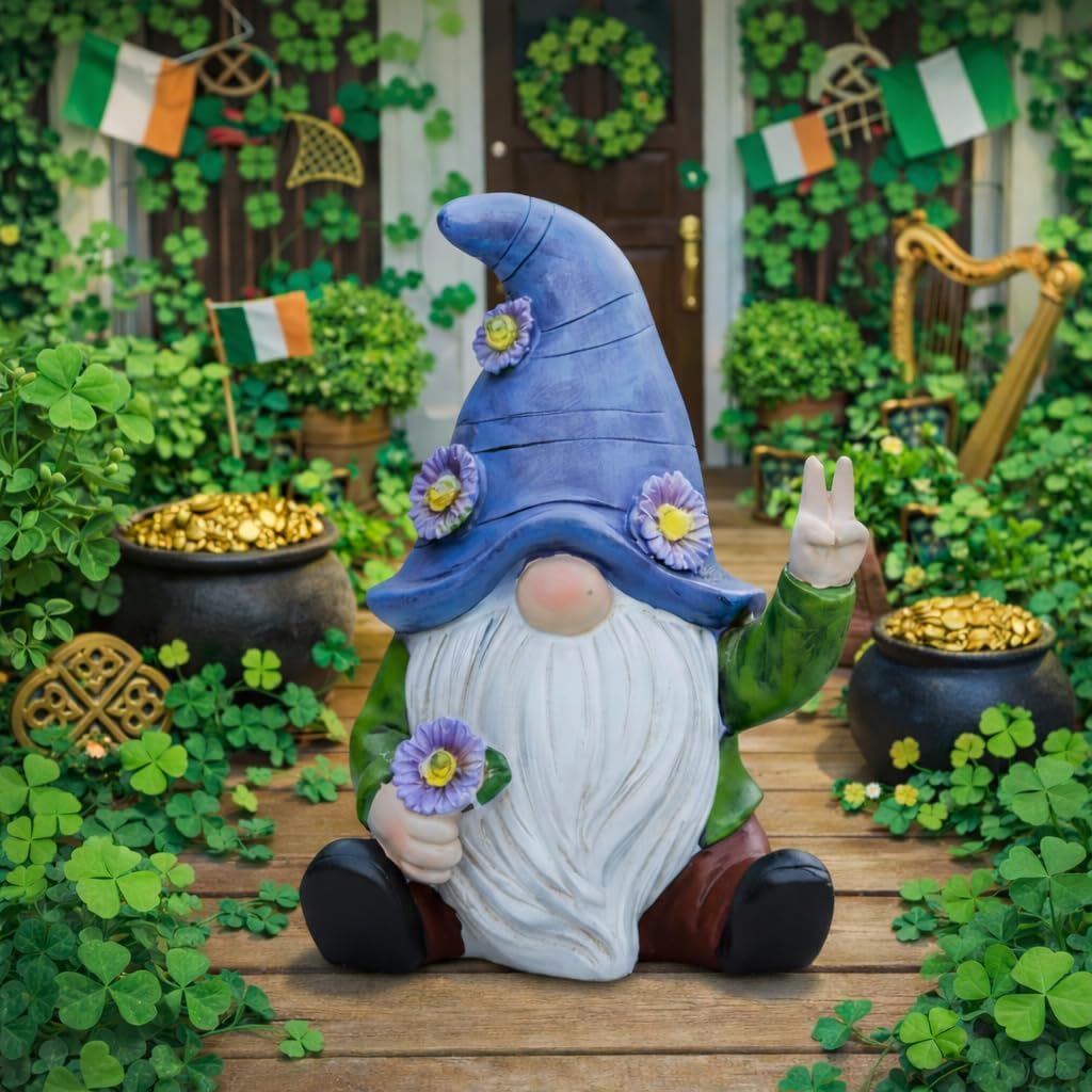 Peace Gnome Garden Statue - Original Design - Blue Peace Gnome Design for Yard, Lawn, Patio, Porch - Weatherproof Resin Garden Decoration - Solar Light - Outdoor Decor & Unique Gnome Gift for Women