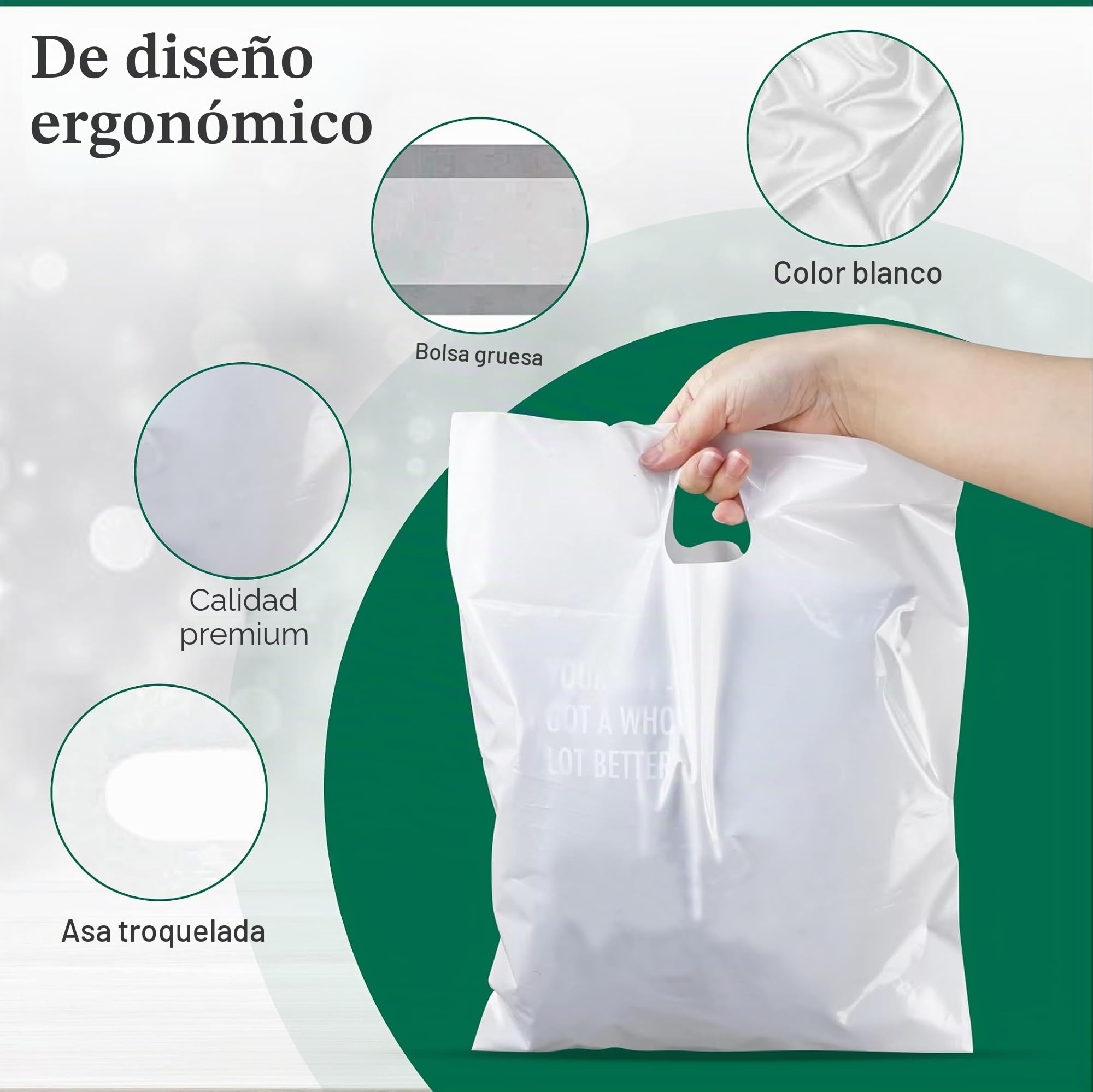 100 bolsas de transporte con asa de parche blanco | Bolsas de tamaño grande de 15 x 18 + 3 pulgadas para compras, comestibles, regalo, boutique, supermercado, dinero en efectivo y