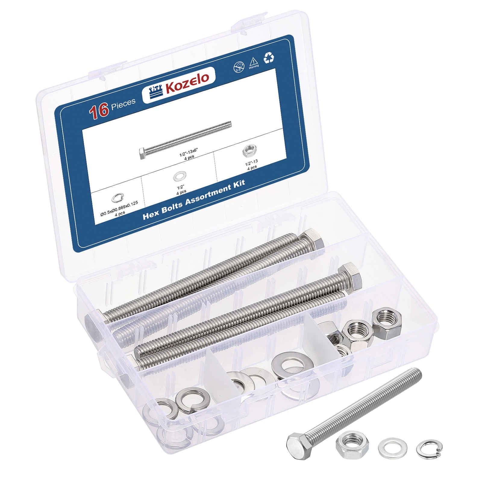 Kozelo 16 Pcs Bolts and Nuts Washers Kit - [1/2"-13x6"] 304 Stainless Steel Hex Tap Bolt Assortment Fully Threaded Hexagon Head Machine Bolts Right Hand External Hex Drive, Silver Tone — image 1