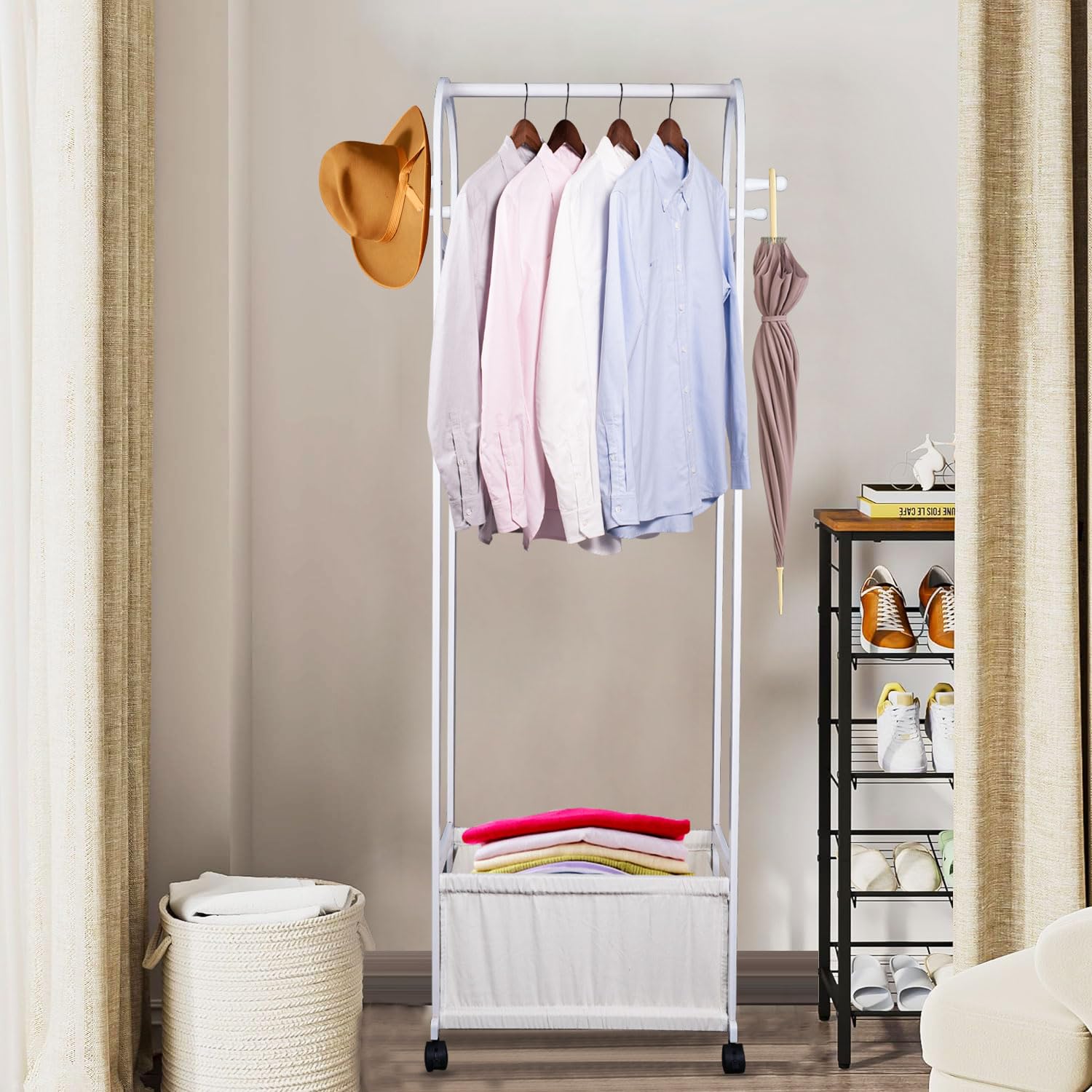 Luxury Bamboo Garment Rack with Storage Basket, Clothes Rail Rack, Cabinet Wardrobe Closet Organizer Clothes Rack with Wheels for Hanging Clothes, Coats, Skirts, Shirts - White, Cm