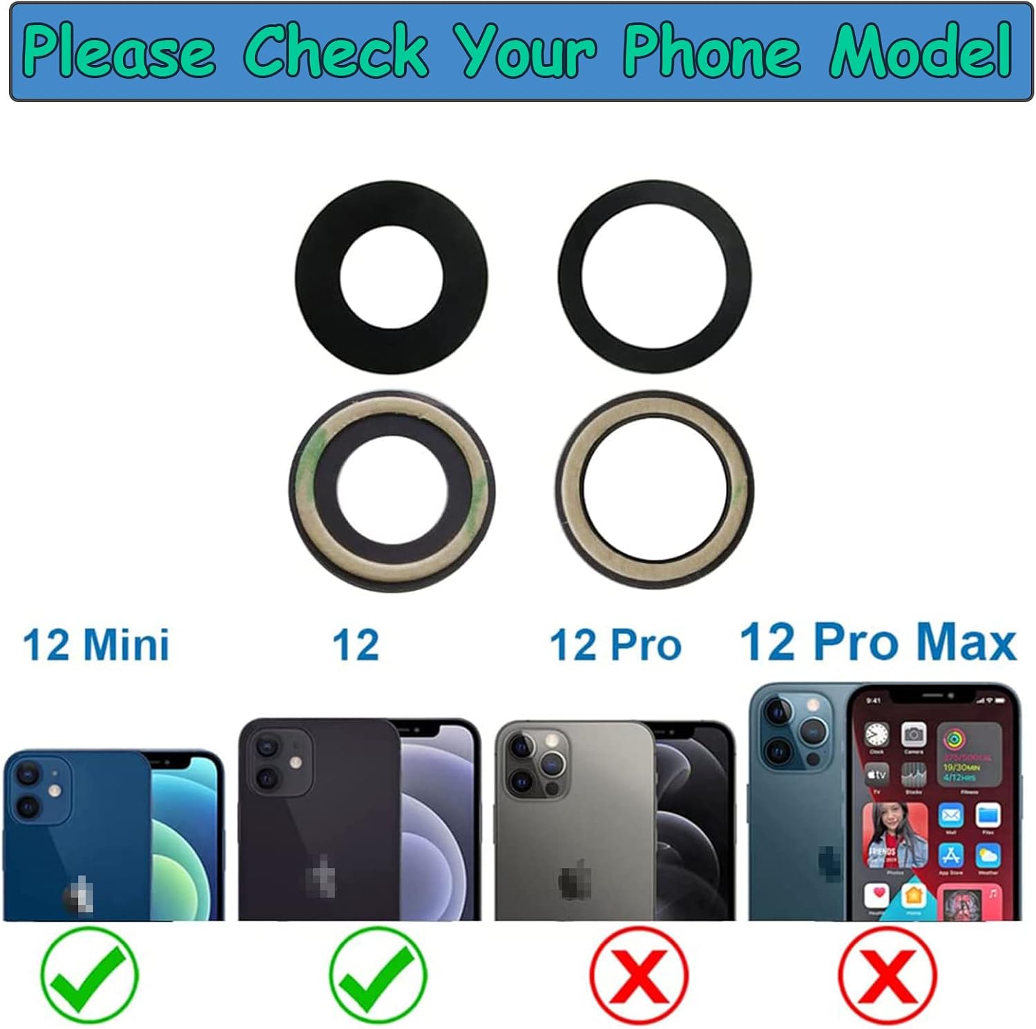 2pcs/Set Sapphire Rear Back Camera Glass Lens Replacement for iPhone 12 for iPhone 12 Mini with Pre-Installed Adhesive and Repair Tool kit Set image 2