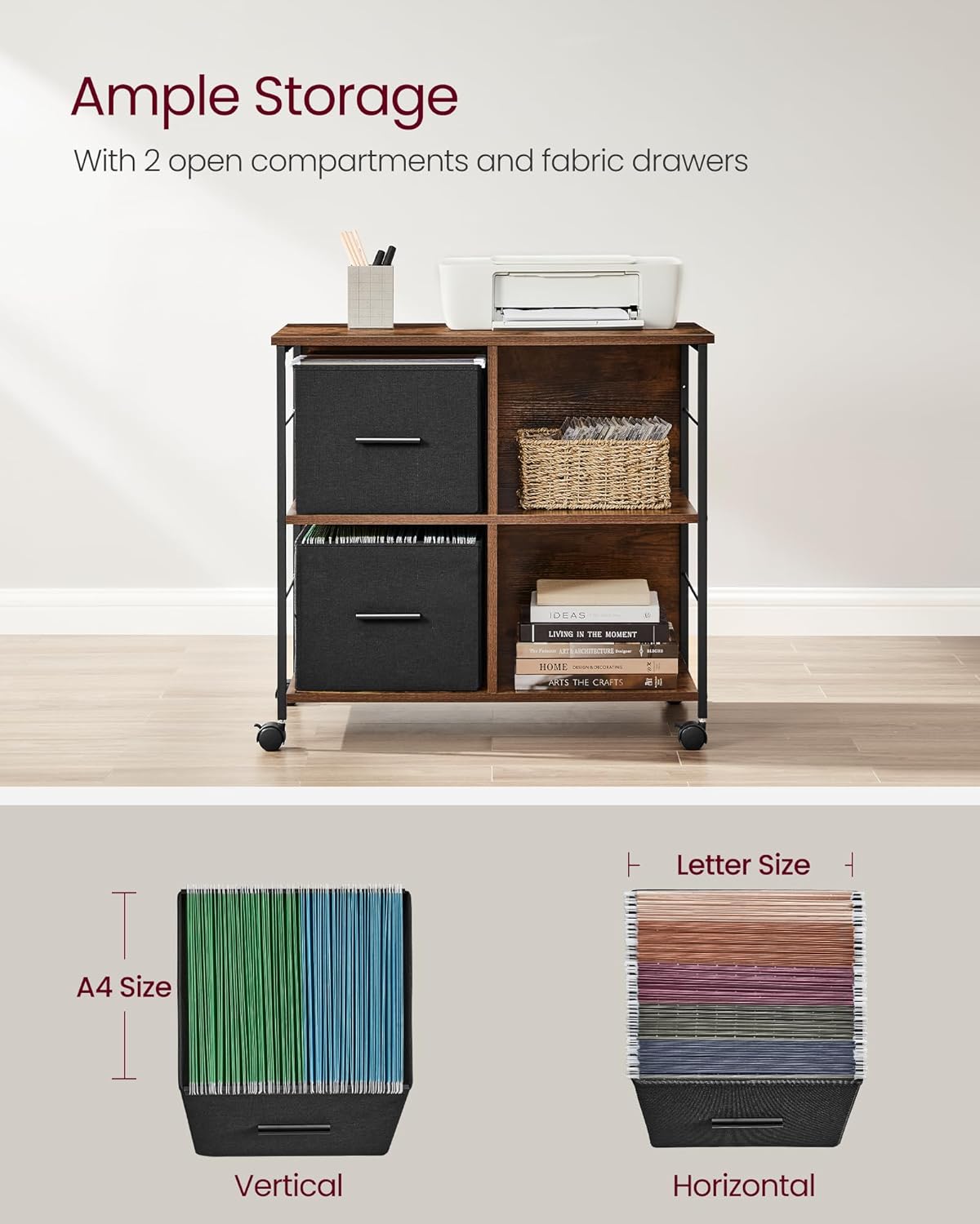 VASAGLE File Cabinet with 2 Drawers, Bookcase, Cube Storage Shelf, Printer Stand, for A4, Letter-Size Files, Hanging File Folders, Home Office, Rustic Brown and Ink Black UOFC057B01 - Image 5