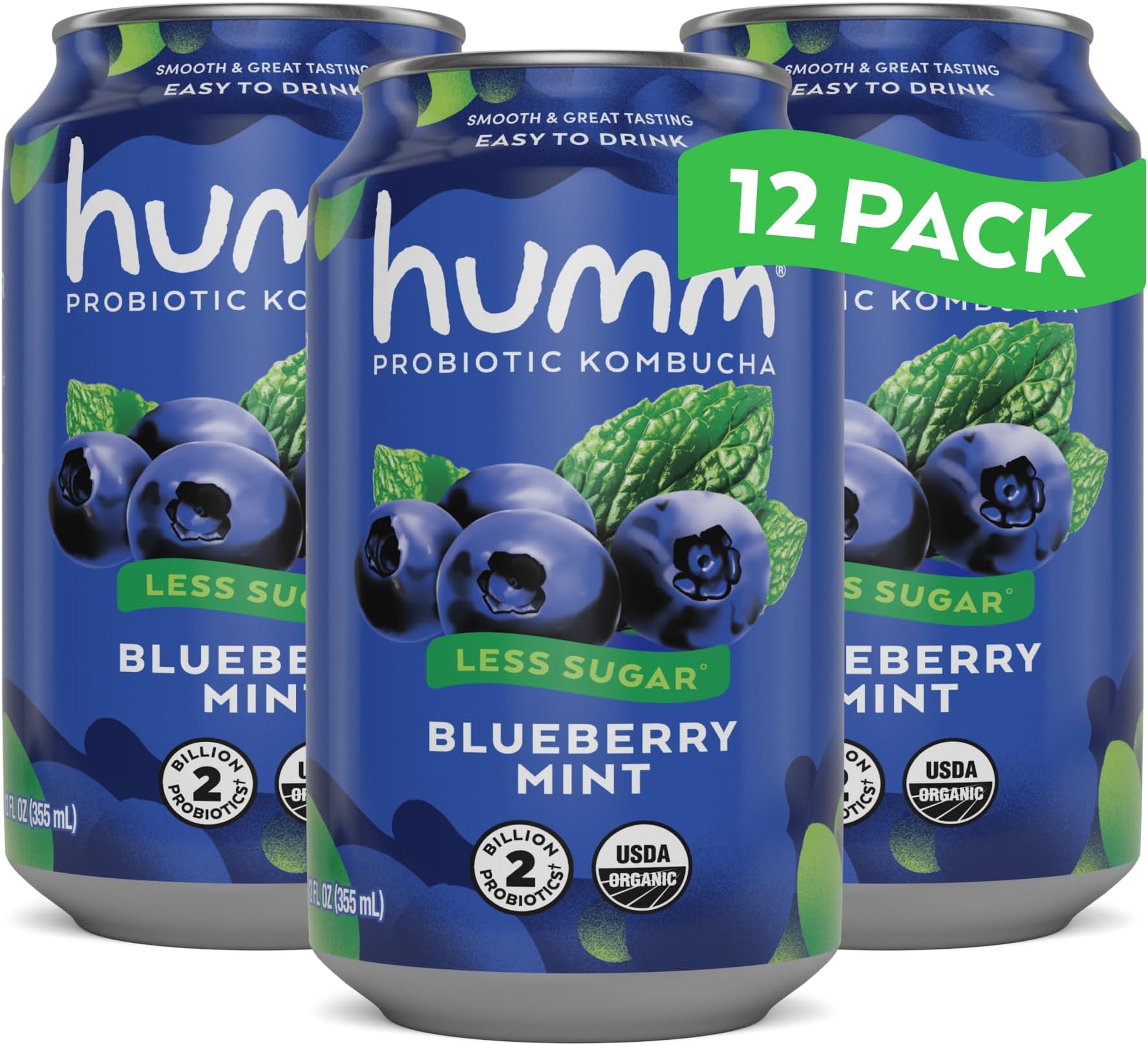 Humm Kombucha Blueberry Mint, Organic, Vegan & GMO Free (12 Pack)