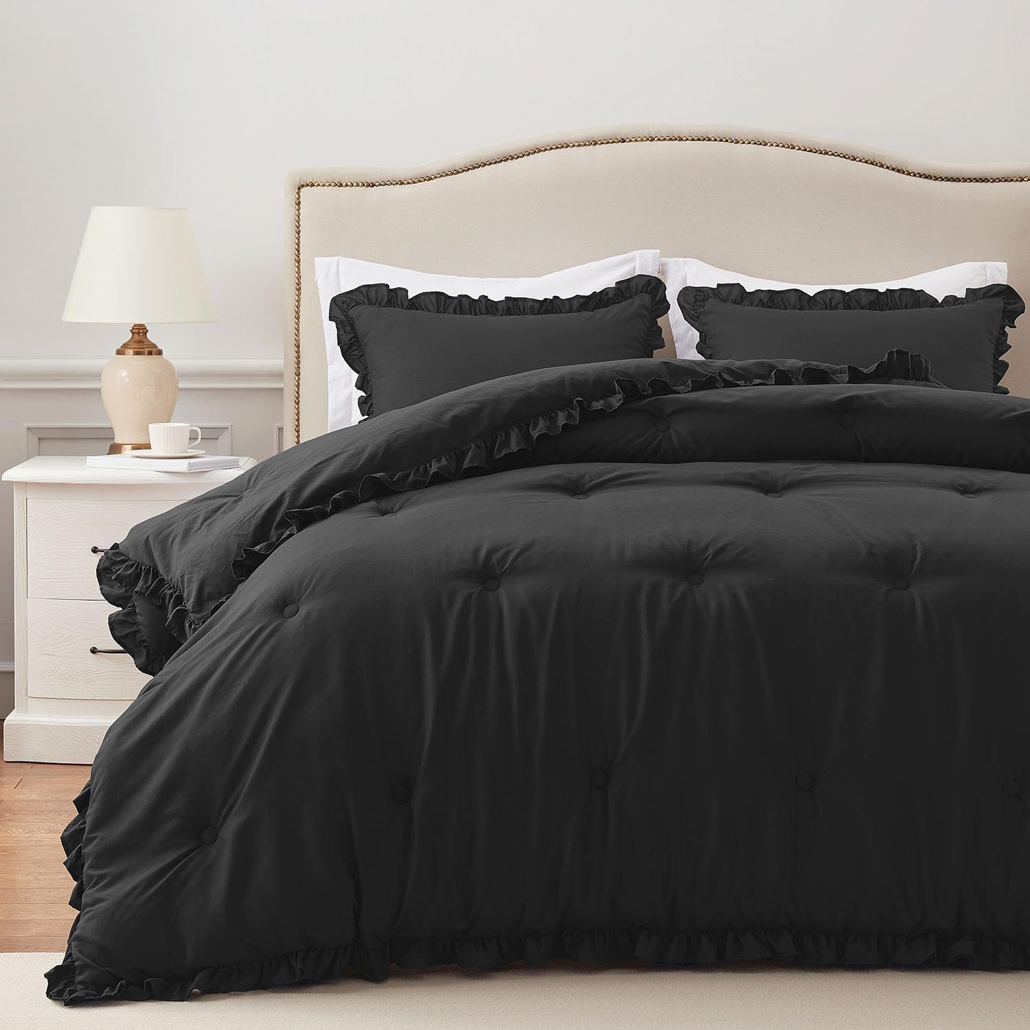 HARBOREST Queen Comforter Ruffle Black, Fluffy Queen Bedding, 3 Pieces Shabby Chic Comforter Set(1 Comforter & 2 Pillow Shams) Black Queen