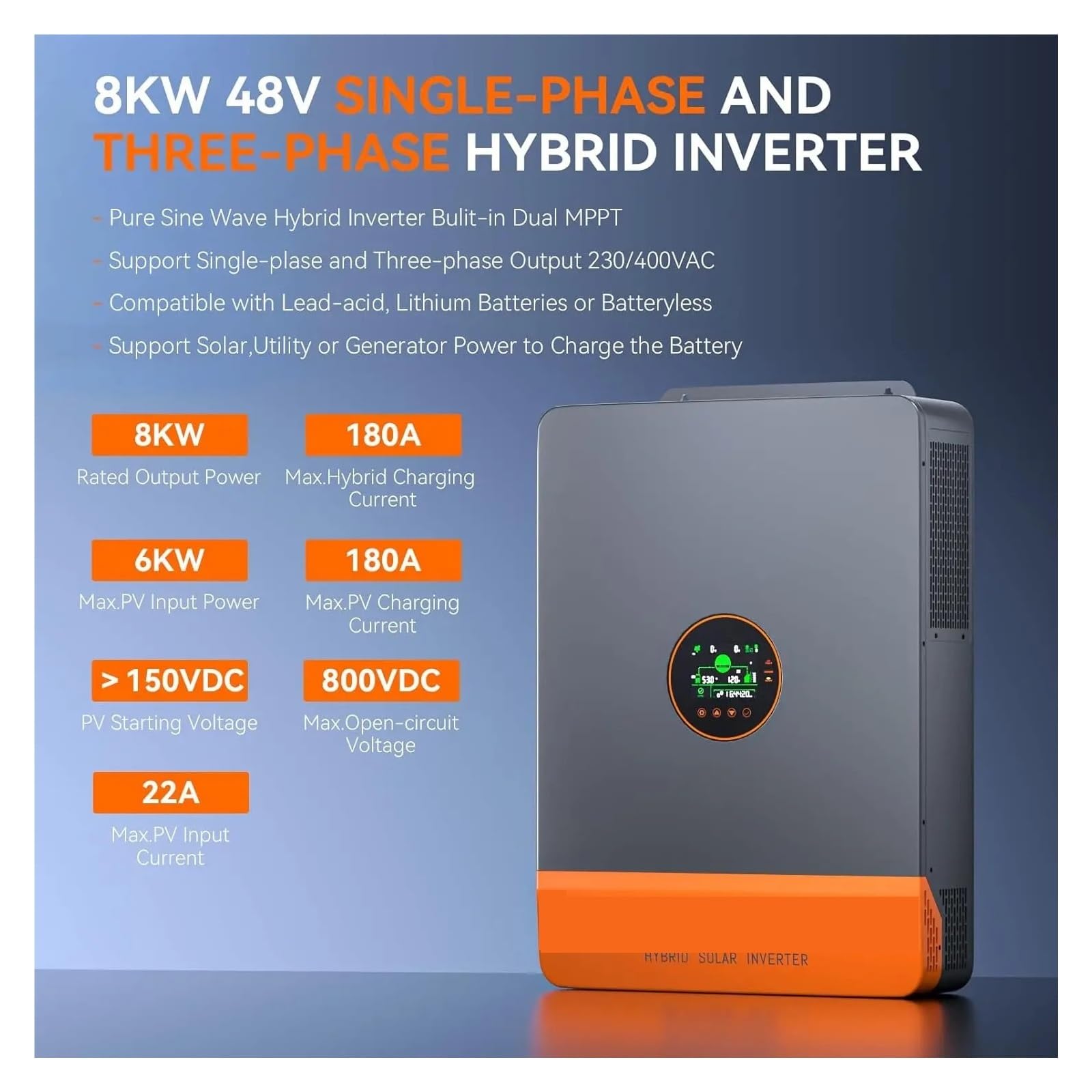 Hybrydowy Inwerter Solarny O Mocy 8 KW, 3-fazowy Z Wyłączonym Siecią, Podwójne Wyjście MPPT Ładowarką Solarną Wysoka Wydajność I Wygoda(With WIFI)