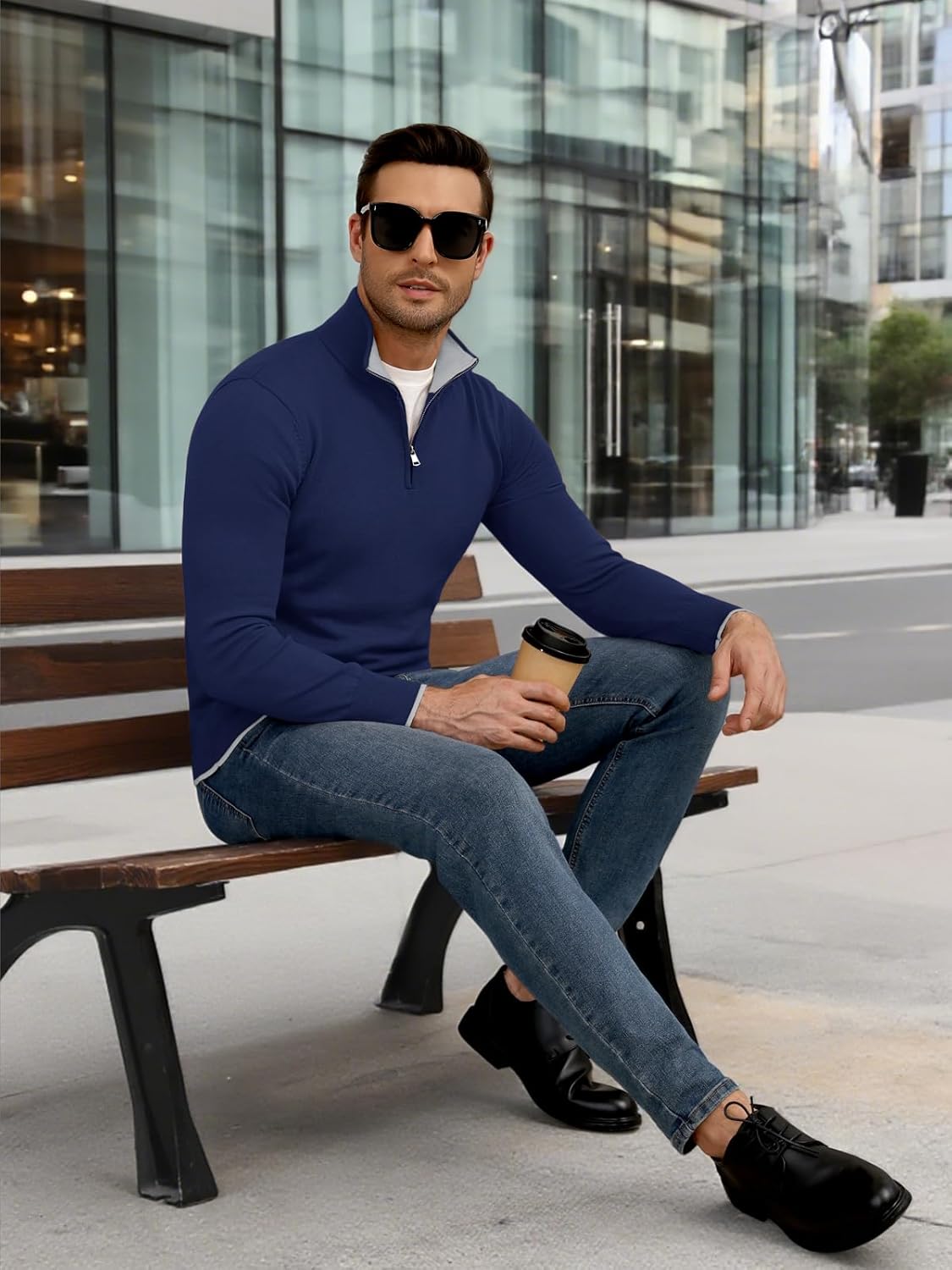 Auxo Mens Quarter Zip Pullover Sweater Long Sleeve Mock Neck Casual Slim Fit Knit Polo Sweaters - Image 6