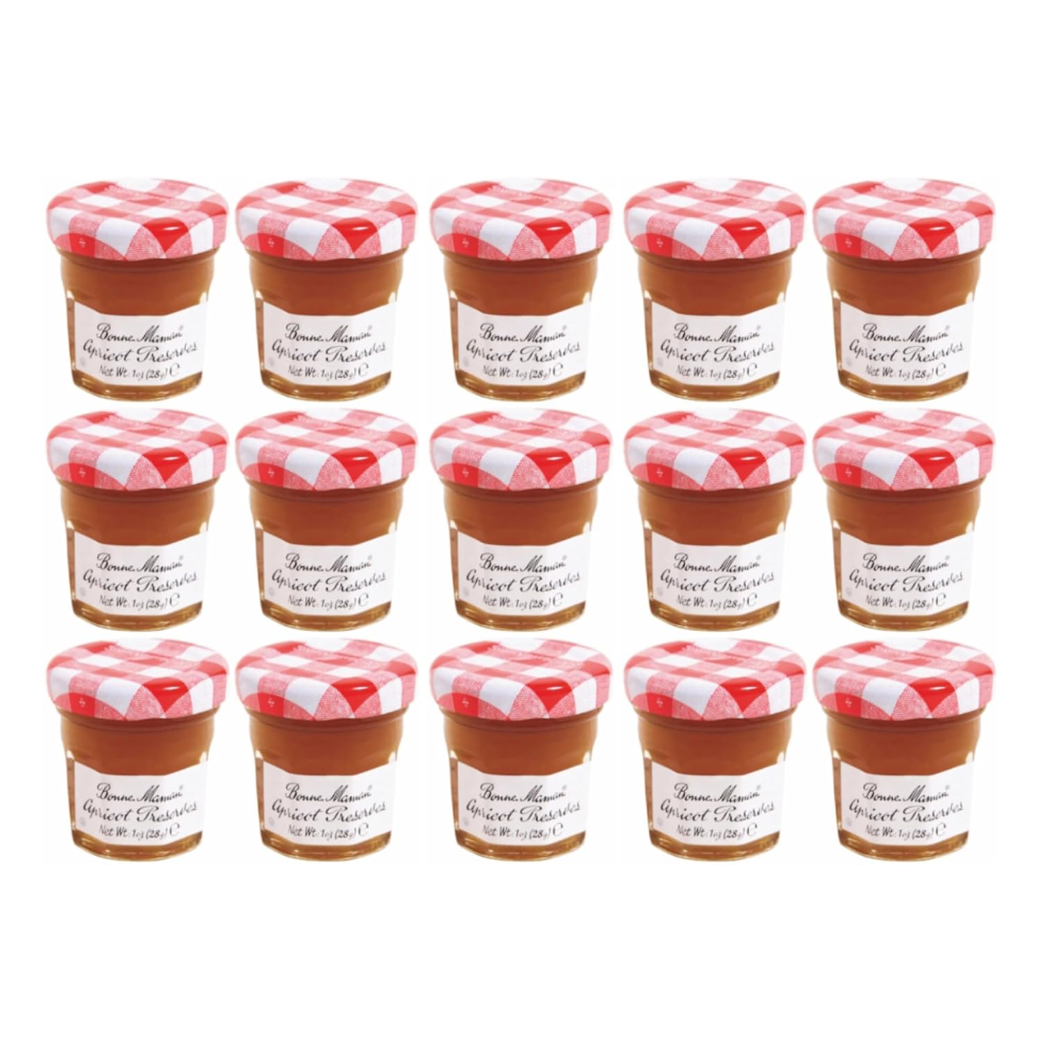 Bonne Maman Apricot Preserves 1oz Mini Jars, Pack of 15 - Chunky Fruit Pieces in Reusable Glass