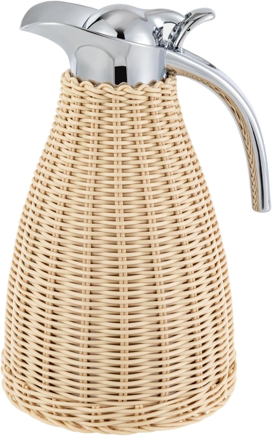 51 oz Thermal Coffee Carafe Insulated Stainless Steel Coffee Carafe for Hot Liquids Double Walled Thermal Pot with Handmade Rattan Body
