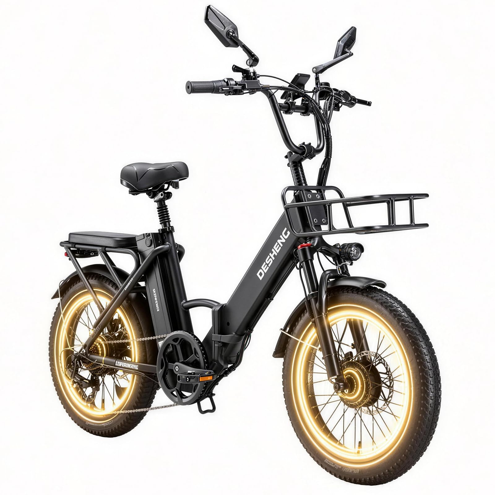 DESHENG D20PRO Folding electric bicycle features dual motors with single/dual 36V 20A/42.4AhH removable batteries, 20" x 3.0" wide tires, and hydraulic brakes.