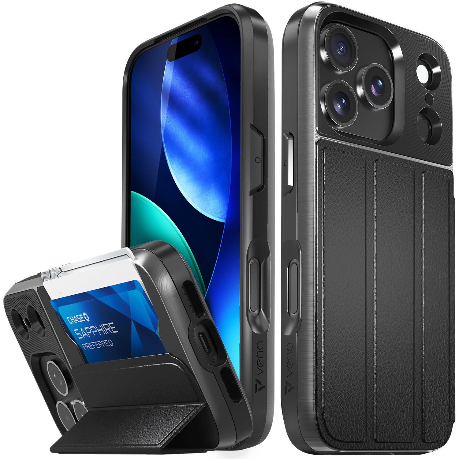 VENA vCommute for iPhone 17 Pro Wallet Case, [Military Grade Drop Protection] Flip Leather Cover Slot Card Holder with Kickstand - Black