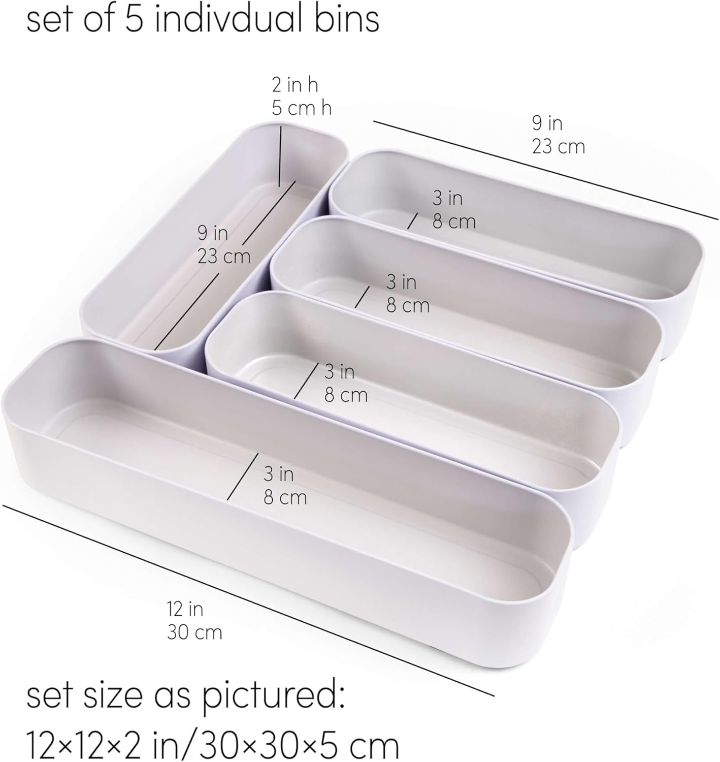 Three by Three Seattle 5-Piece Metal Stacking Drawer Organizers – Large, 2" Deep, Food-Safe (French Gray) – Stylish Kitchen Drawer Storage