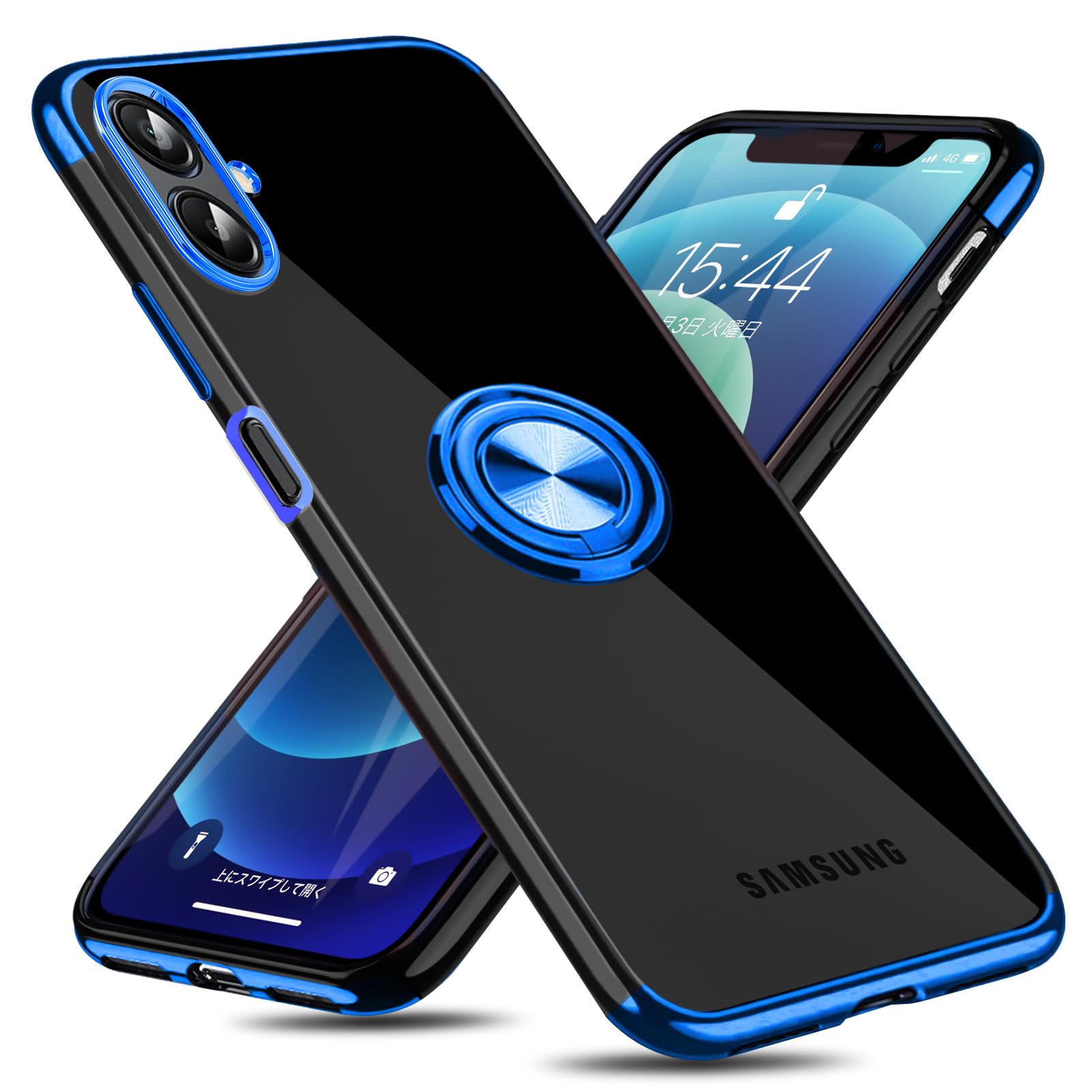 Galaxy A25 5G 用 ケース リング付き クリア 耐衝撃 SC-53F SCG33 用 スタンド機能 透明 TPU 車載ホルダー対応 落下防止 防塵 薄型 軽量 一体型 変形防止 保護カバー ギャラクシーa25 用 ケース 青 W-YXZH-82-04