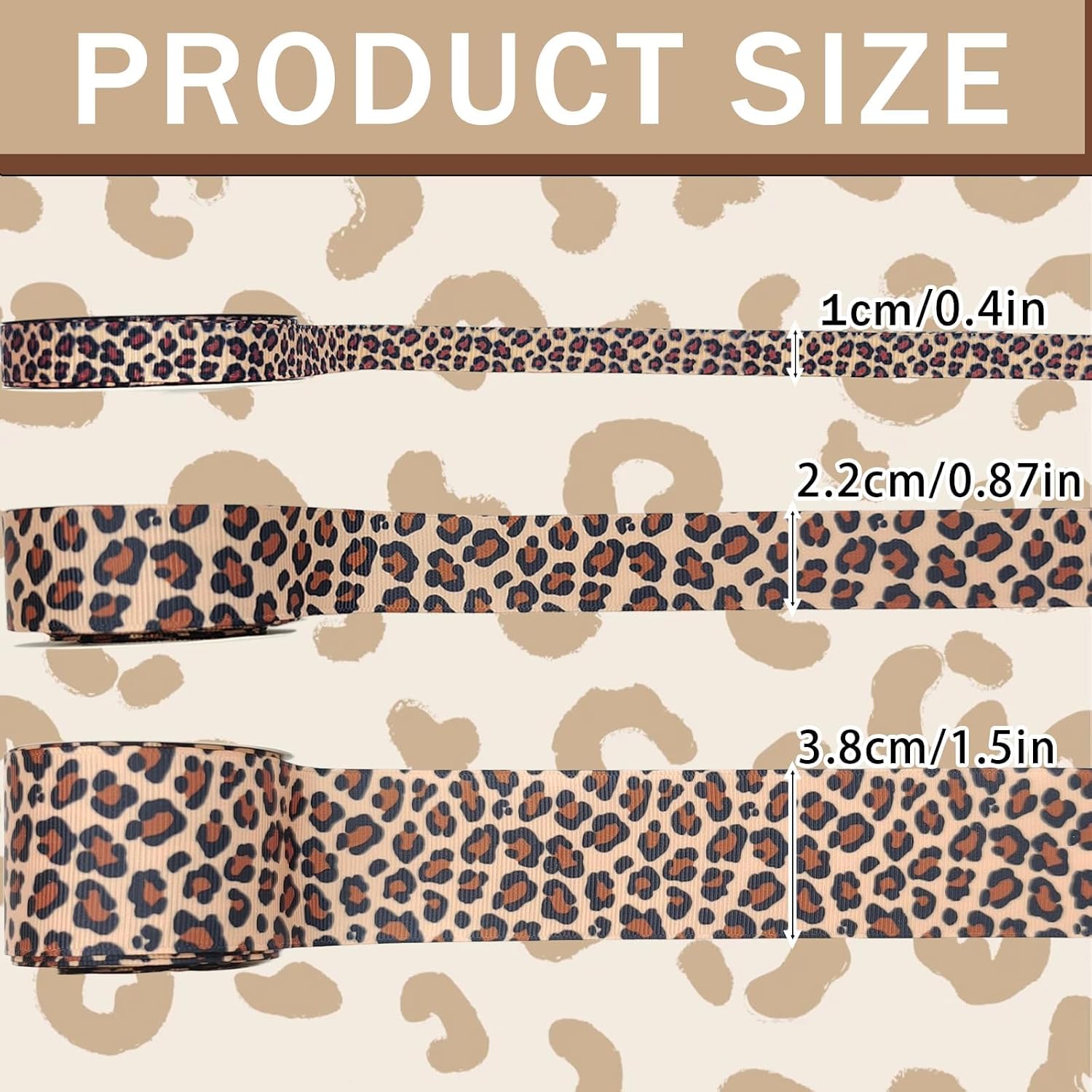 3 Roll Leopard Print Grosgrain Ribbon, 15 Yards Cheetah Print Craft Ribbon for Christmas Garland Gift Wrapping Party Decor Supplies, 3/8, 7/8, 1.5 Inch(Leopard Print)