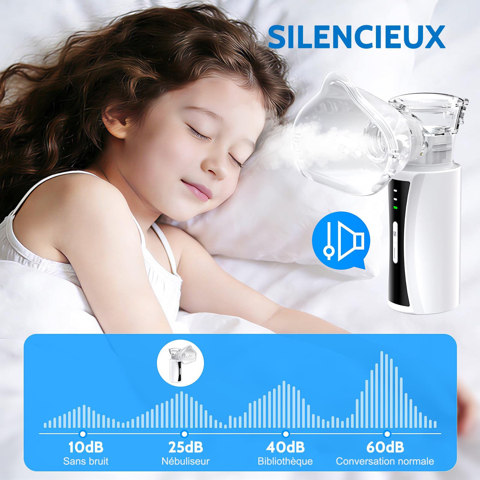 Nebulisateur Portable Silencieux pour Adultes et Enfants | Inhalateur Nébuliseur Aérosol Rechargeable par Câble USB avec 2 Masques et Embout Buccal