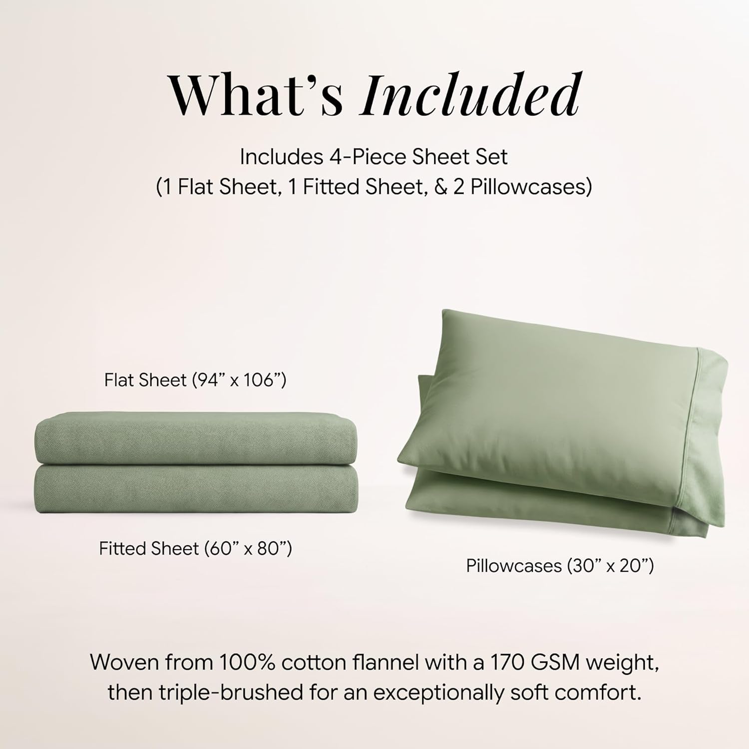 Tribeca Living Triple Brushed Soft Cotton Flannel Sheets Set, Queen Size 170-GSM Weight Extra Deep Pocket Sheet in Solid Green Color