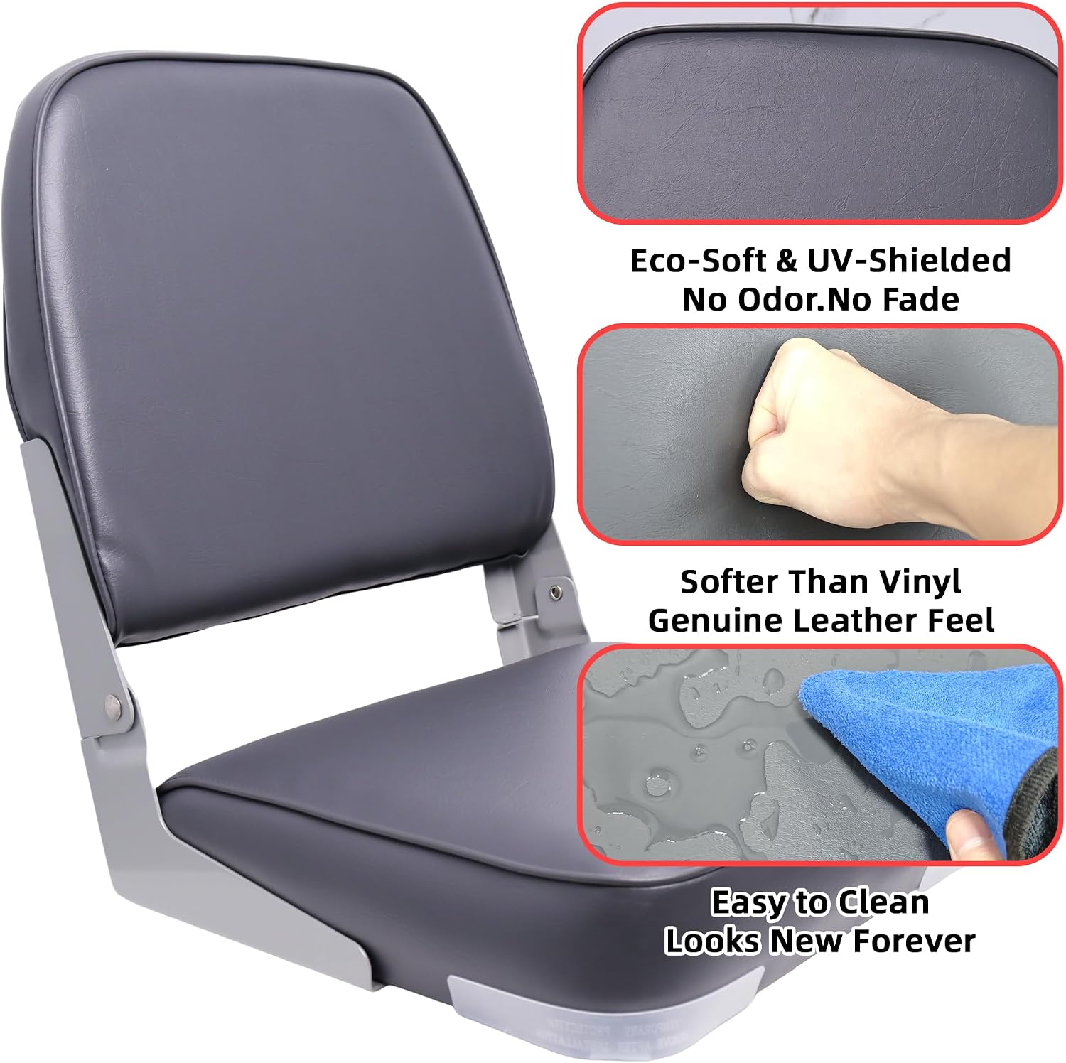 Folding Boat Seats Padded Fishing Boat Chair with Backrest Marine Bass Jon Pontoon Boat Seat with Storage Bag (Dark Gray）