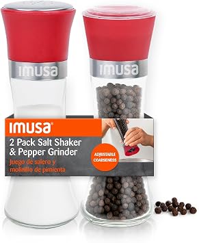 طقم شاكر الملح ومطحنة الفلفل IMUSA، طقم شاكر الملح ومطحنة الفلفل الزجاجي المكون من عبوتين، مطحنة فلفل سيراميكية قابلة للتعديل يدويًا، سعة 6 أونصة، طقم ملح وفلفل قابل لإعادة التعبئة للمطبخ