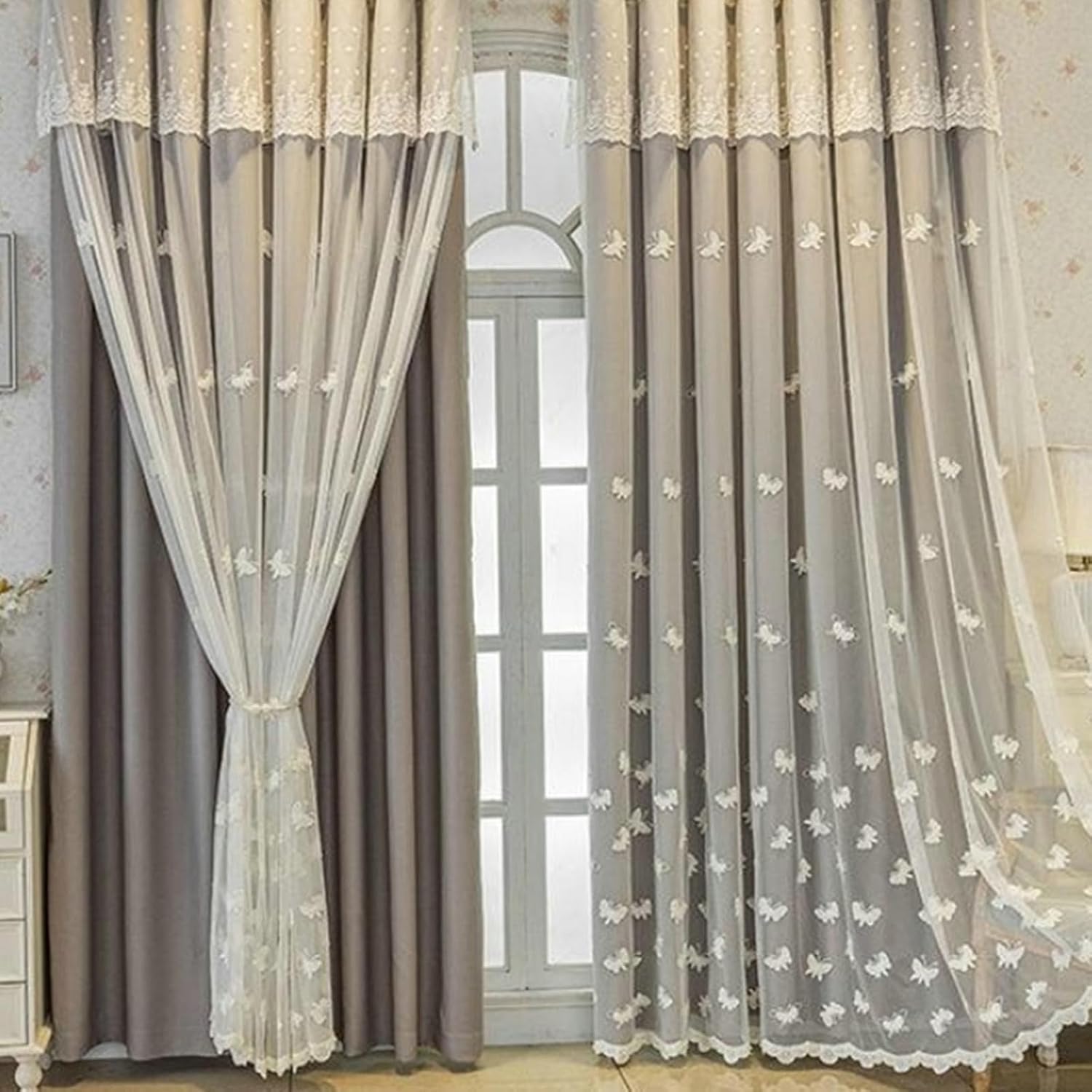 Blackout Curtain 2 Panels Set 45 inch Long, Blackout Curtains Eyelets Double Layer Embroidered Butterflies Thermal Drapes Window Treatment for Bedroom Living Room Grey, 52 x 45 Inch