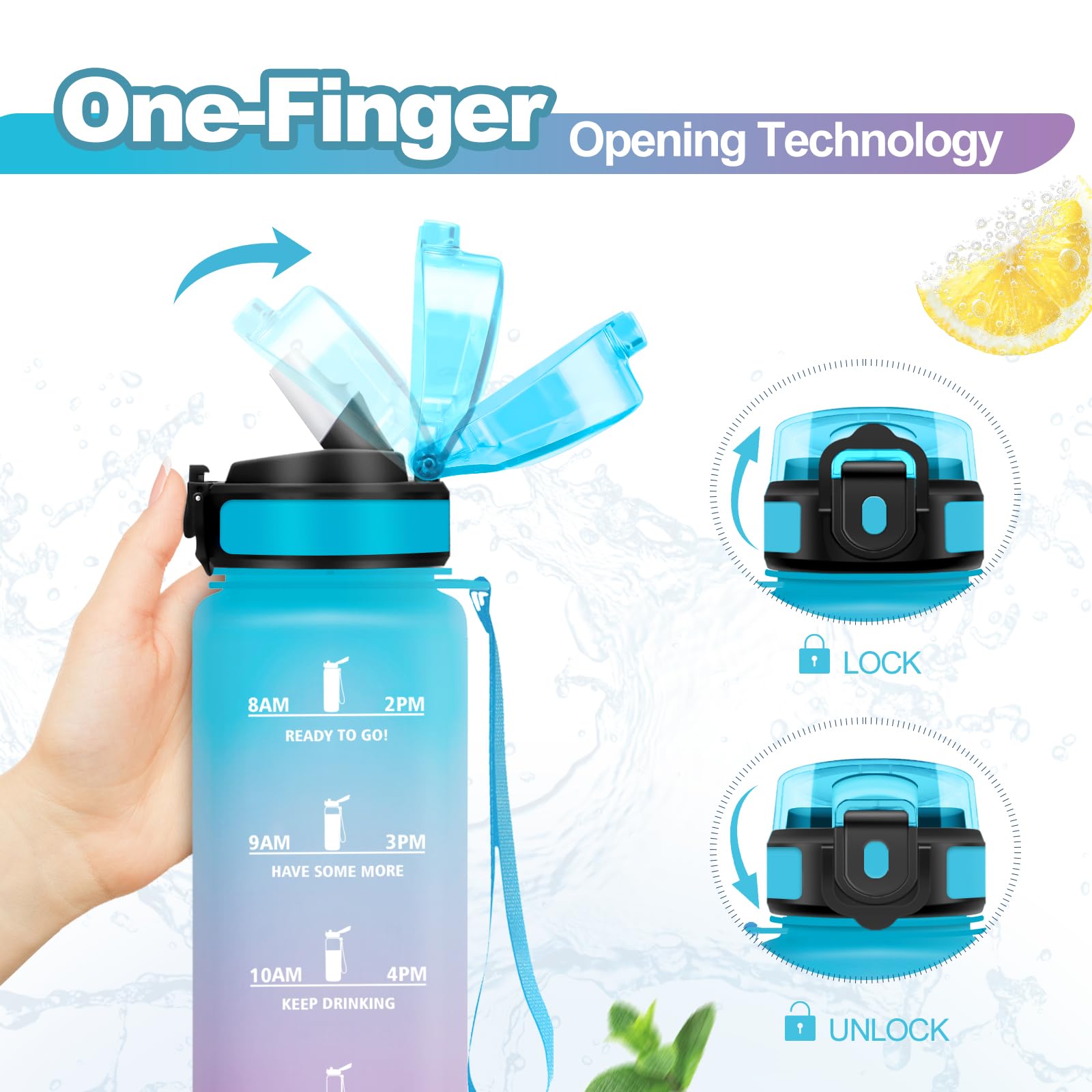 KollyKolla Borraccia 1L, con Cannuccia, Bottiglia Acqua Riutilizzabile, Bottiglia Palestra con Indicatore del Tempo, senza BPA, A Prova di Perdite, Borraccia Sport per Fitness, Studenti, Ufficio