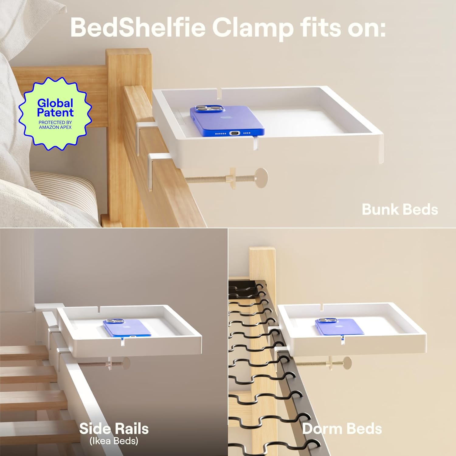 BedShelfie Bedside Shelf for Bunk Bed & Top Bunk, College Dorm Room Essentials, Loft Nightstand, Floating Bed Side Table Tray Storage, Dorm Room Decor By Smallish - (Flexfit Model, White)