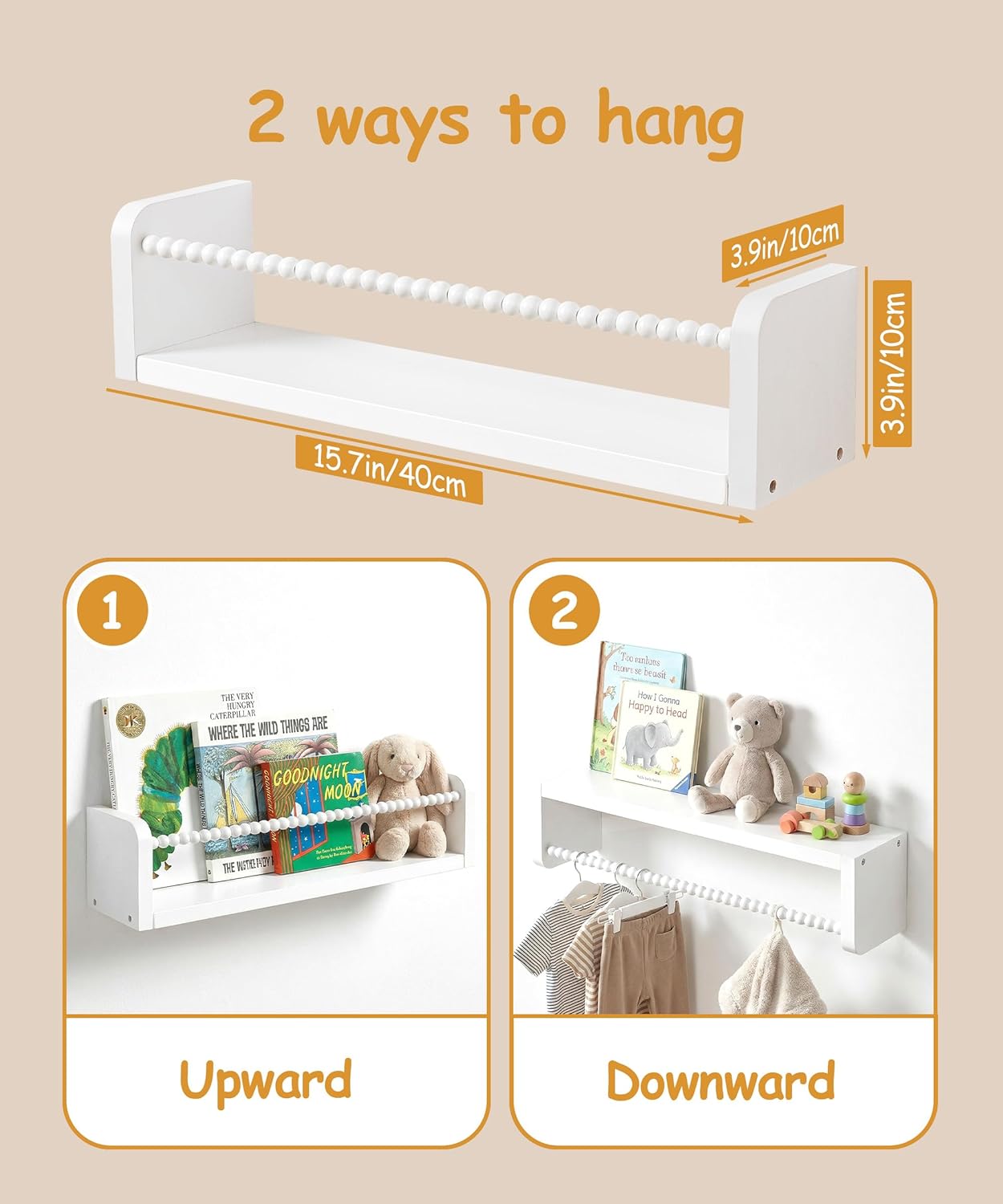 Nursery Book Shelves for Wall Set of 3, White Natural Wood Bookshelf Wall Decor, Small Floating Shelf Organizer for Kids Room, Bedroom, Kitchen Spice Rack