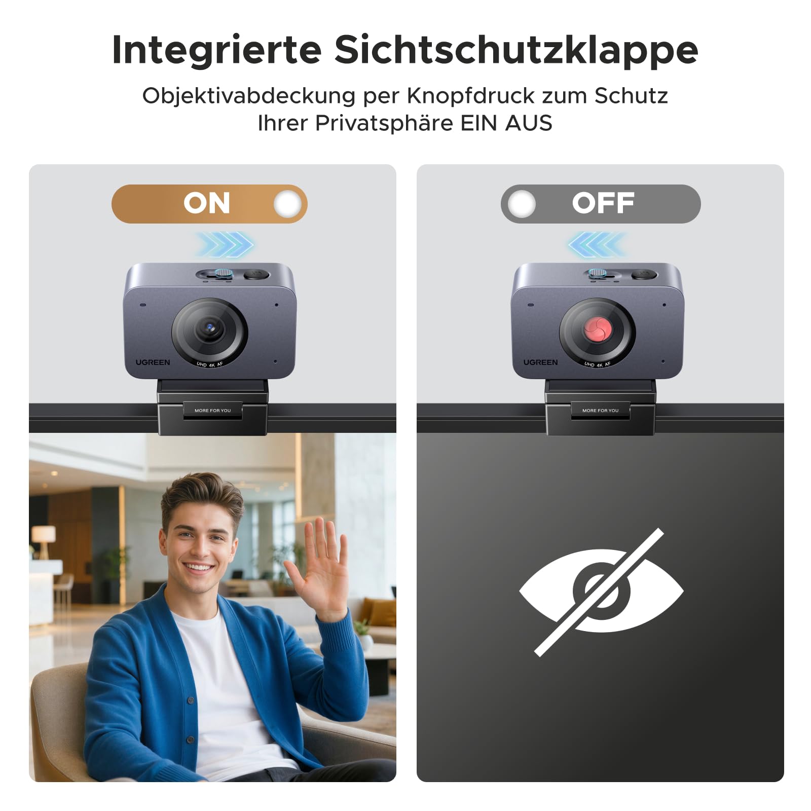 UGREEN FineCam 4K UHD Webcam mit Dual-Mikrofon und Geräuschunterdrückung, Autofokus, USB-C