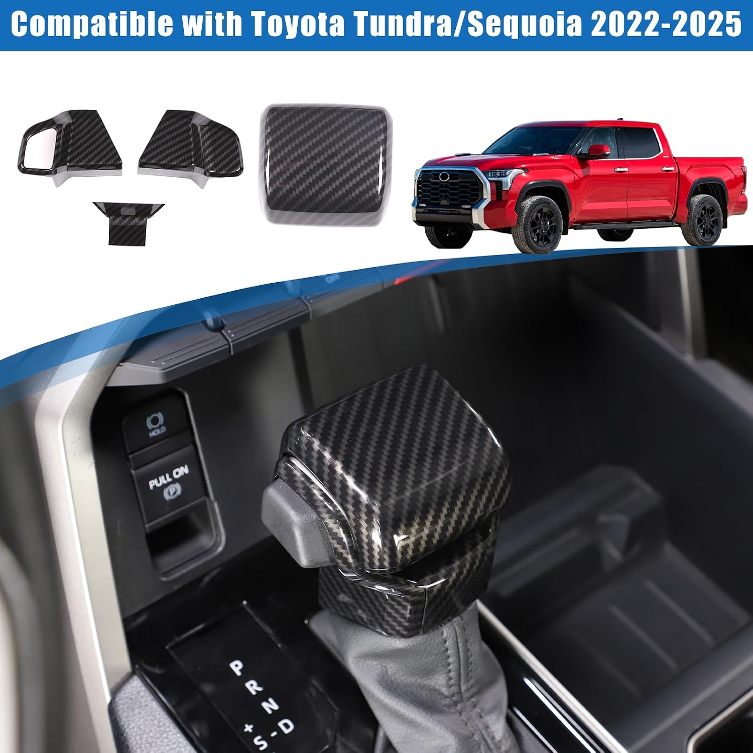 Car Shifter Gear Hand Brake Cover Trim Compatible with Toyot @Tundra/Sequoia 2022-2025 Center Console Gear Shift Knob Head Protection Cover Decorative (Gear head and side frame, Carbon fiber grain)