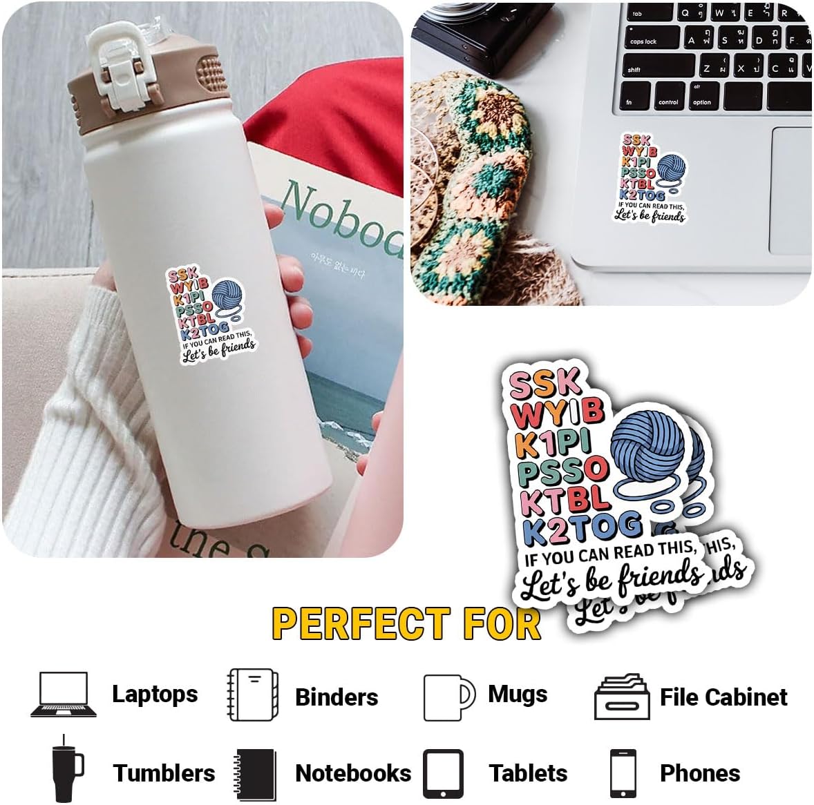 (3 Pcs) If You Can Read This Let's Be Friends Knitting Sticker, Yarn Lover Quote Vinyl Decal for Water Bottle, Phone Case, Gifts for Knitters, Crochet Enthusiasts, and Craft Lovers (3 inches) image 4