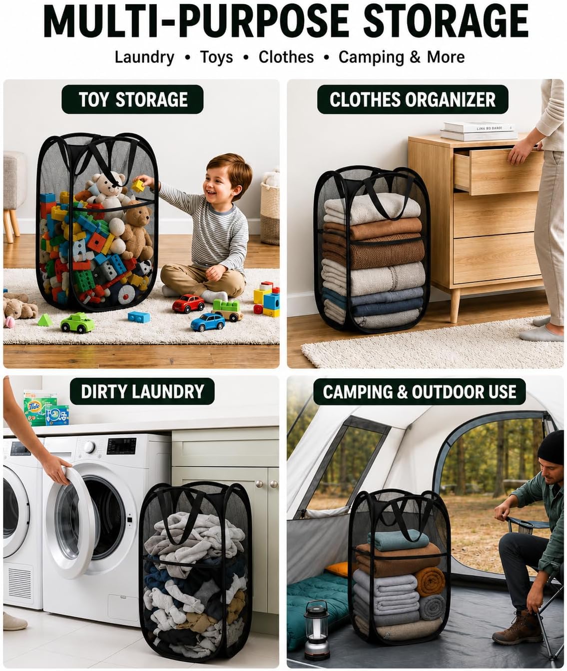 2 Pack Pop Up Laundry Hamper, Mesh Foldable Laundry Basket with Side Pocket & Durable Handles, Collapsible Clothes Hamper for Bathroom, College Dorm, Bedroom & Travel, Black image 5