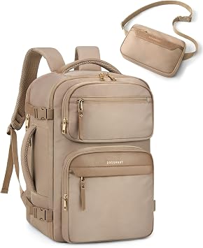 BAGSMART Womens Backpack Carry On Flight Approved, Travel Backpack for Women with Waist Bag,Traveling Lightweight Weekender Casual Daypack 17.3" Laptop Work Back pack Personal Item Bag,Champagne