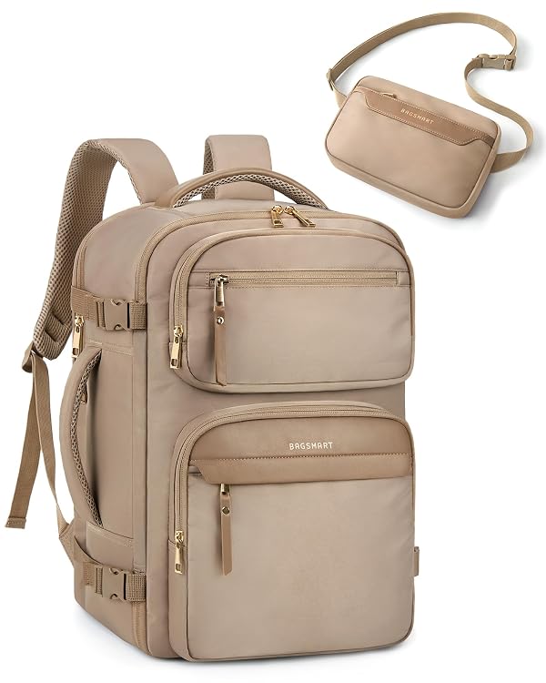BAGSMART Womens Backpack Carry On Flight Approved, Travel Backpack for Women with Waist Bag,Traveling Lightweight Weekender Casual Daypack 17.3" Laptop Work Back pack Personal Item Bag,Champagne by BAGSMART - Used condition - US$27.19