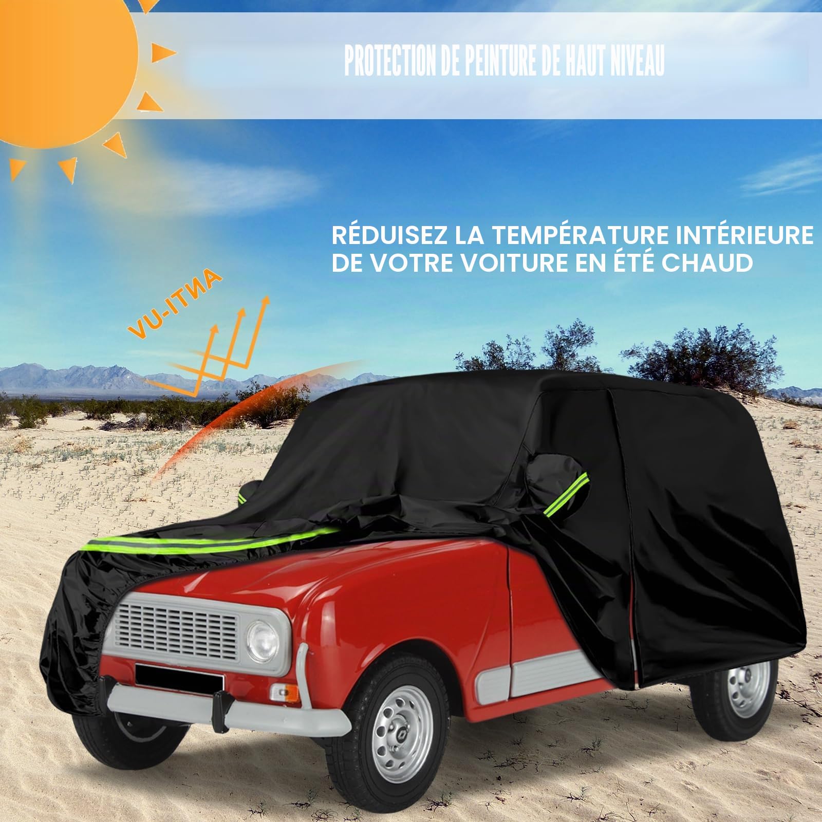 Housse Bache Voiture Exterieur Hiver Remplacement pour Renault 4/4L/R4 1961-1992, Couverture de Voiture Protection Anti-UV Personnalisé, Garage Complet Bandes Réfléchissantes
